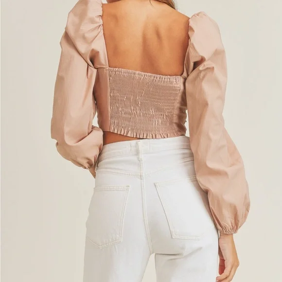 NEW Mable Angel Front Ribbon Self Tie Long sleeve puff shoulder crop top Size M - Picture 5 of 11